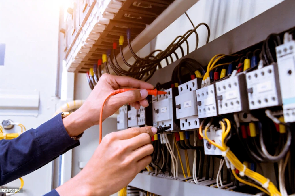 A professional electrician inspecting electrical panels while following a five-point checklist for hiring an electrical contractor.